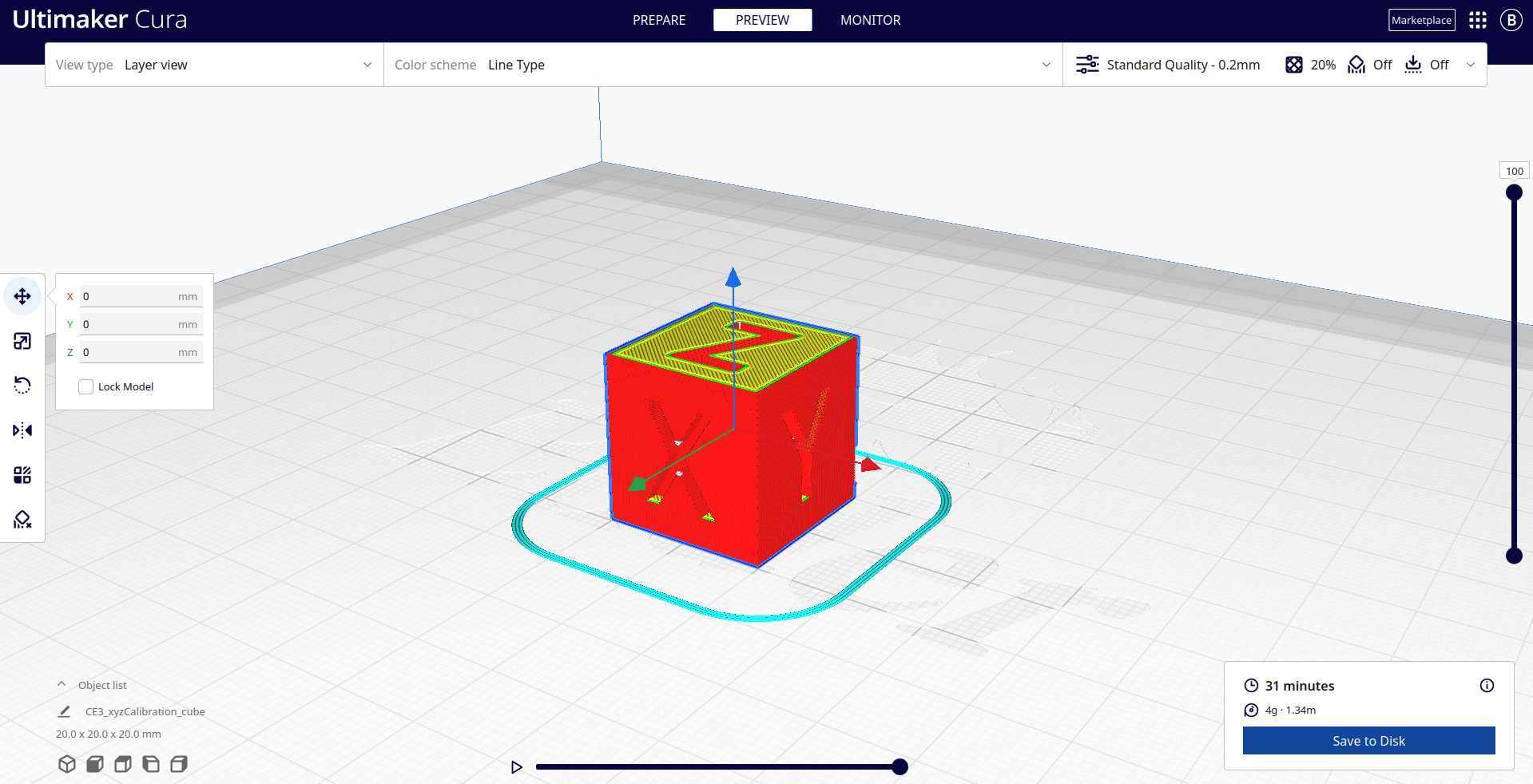 Calibration cube sliced